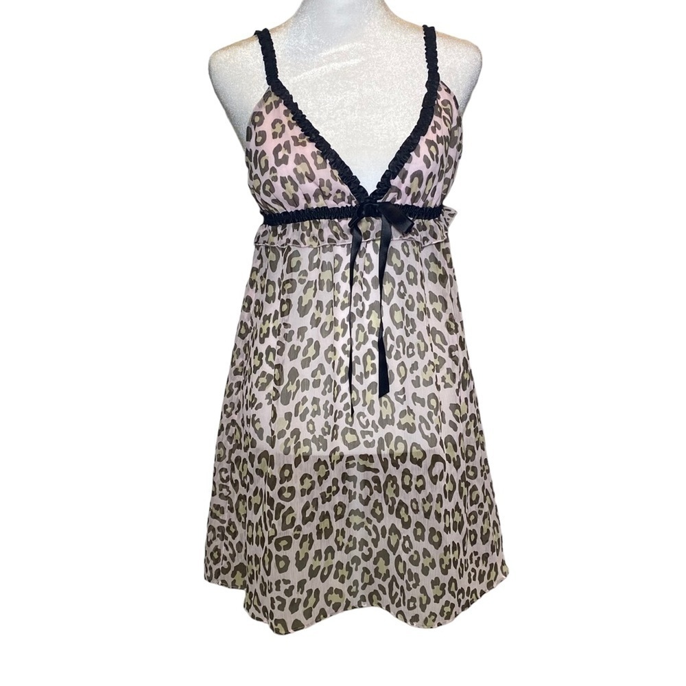 Cynthia Rowley women's small babydoll lingerie set pink tan Leopard sheer flowy